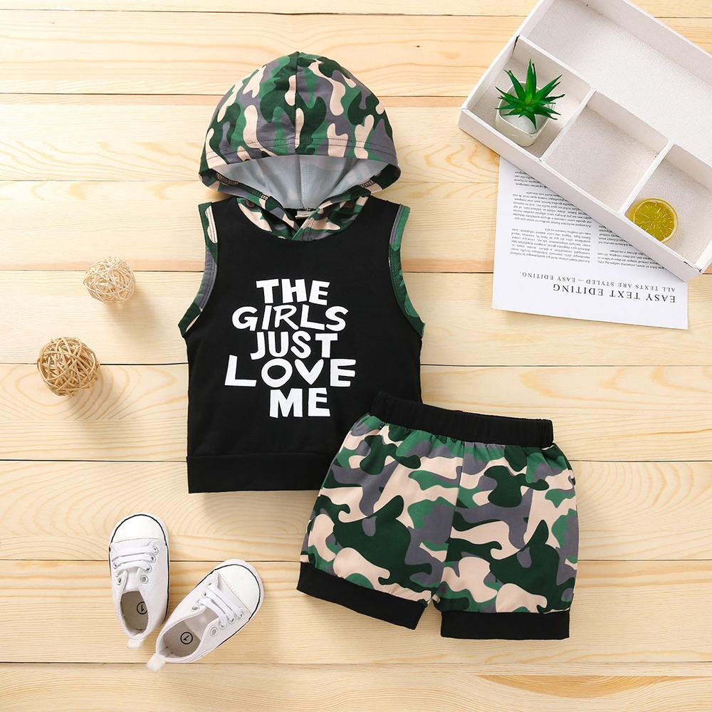 Boys Sleeveless Hooded Camouflage Letter Cartoon Printed Top & Shorts kids wholesale clothing