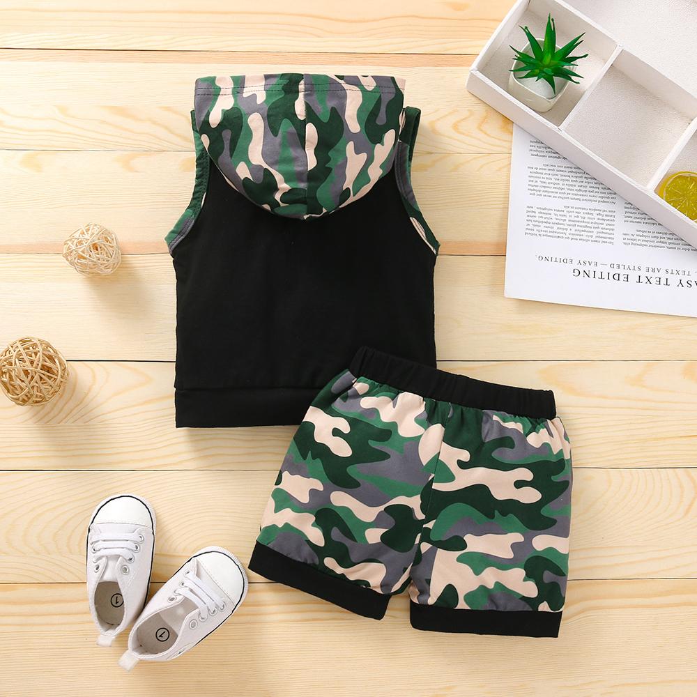 Boys Sleeveless Hooded Camouflage Letter Cartoon Printed Top & Shorts kids wholesale clothing