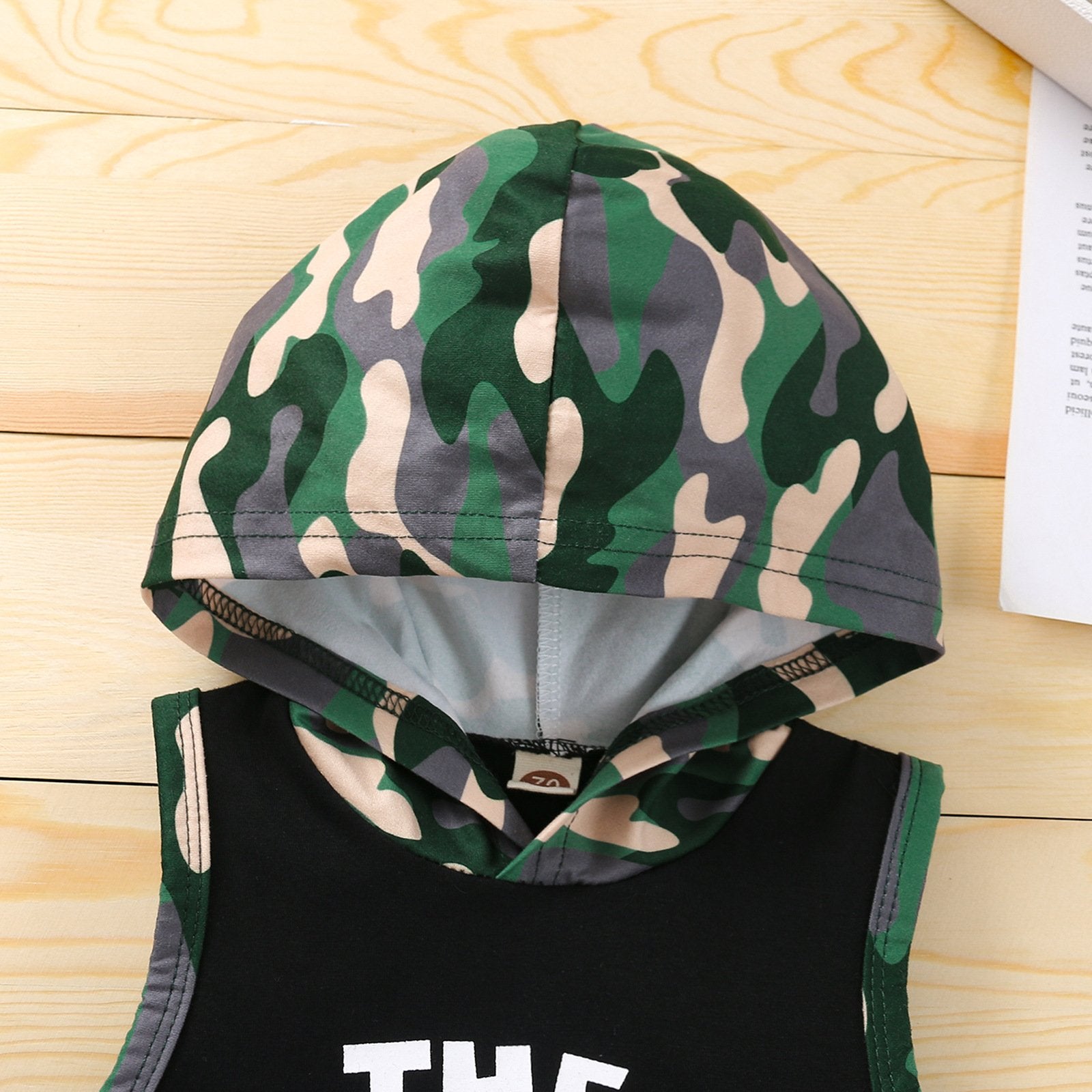 Boys Sleeveless Hooded Camouflage Letter Cartoon Printed Top & Shorts kids wholesale clothing