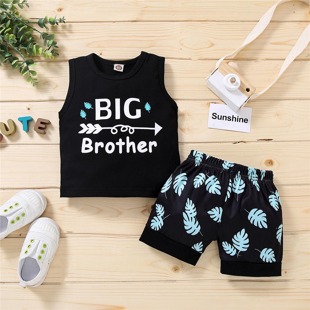 Boys Sleeveless Leaf Letter Big Brother Printed Top & Shorts Wholesale Boys Suits