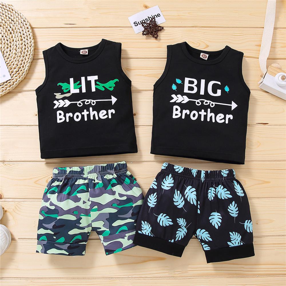 Boys Sleeveless Leaf Letter Big Brother Printed Top & Shorts Wholesale Boys Suits