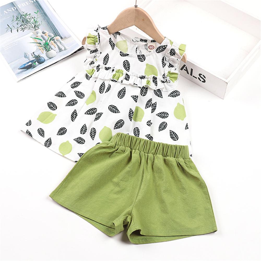 Girls Sleeveless Lemon Leaf Printed Top & Green Shorts wholesale children's boutique clothing for resale
