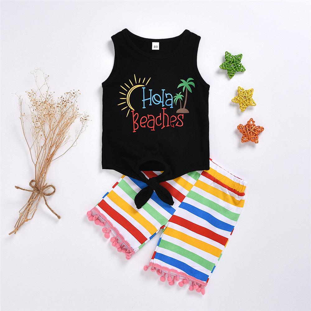 Girls Sleeveless Letter Hola Beach Top & Striped Tassel Shorts bulk childrens clothing suppliers