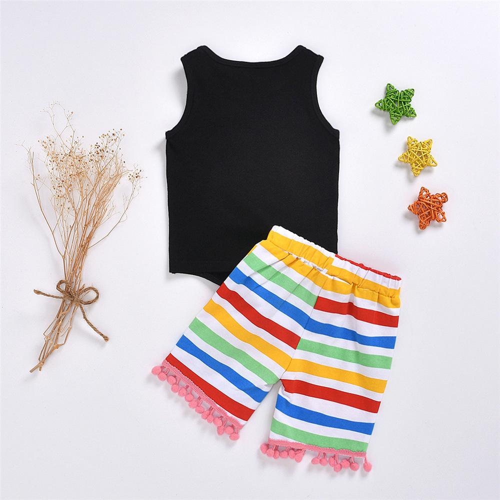 Girls Sleeveless Letter Hola Beach Top & Striped Tassel Shorts bulk childrens clothing suppliers