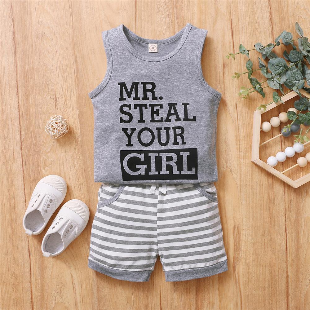 Boys Sleeveless Letter Mr.Steal Your Girl Top & Striped Shorts Boy Summer Outfits