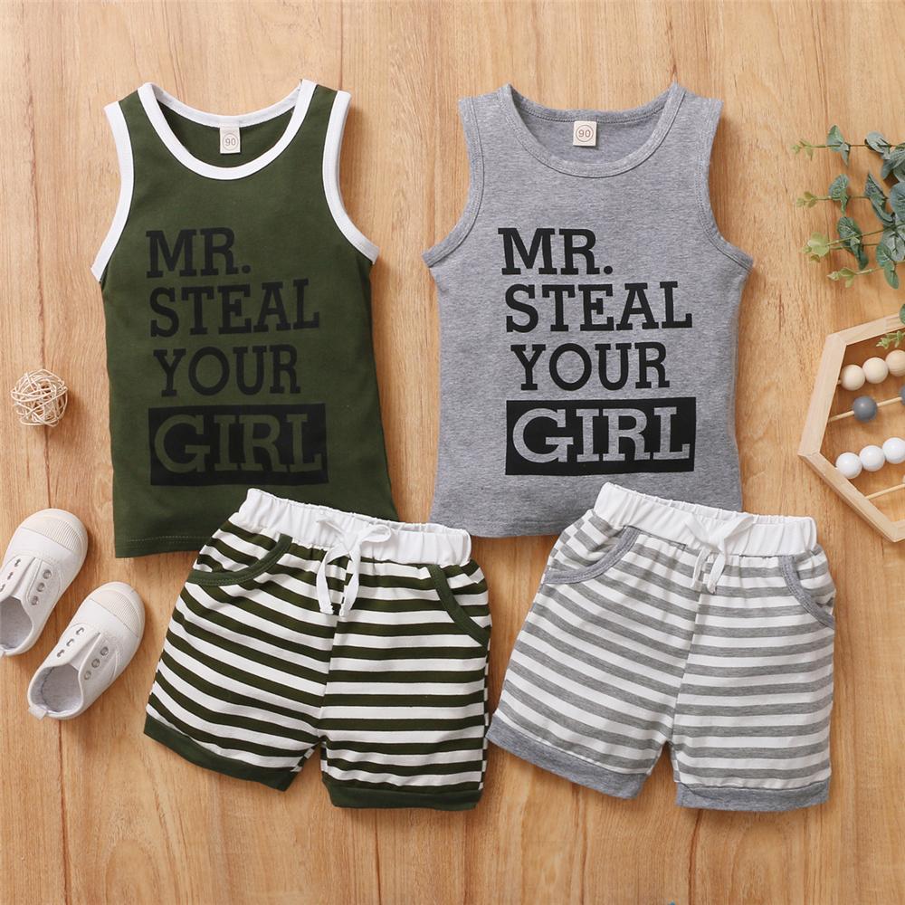 Boys Sleeveless Letter Mr.Steal Your Girl Top & Striped Shorts Boy Summer Outfits