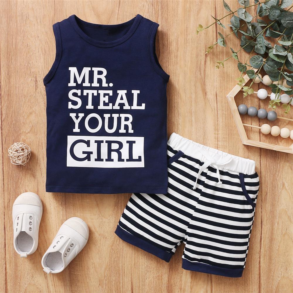 Boys Sleeveless Letter Mr.Steal Your Girl Top & Striped Shorts Boy Summer Outfits