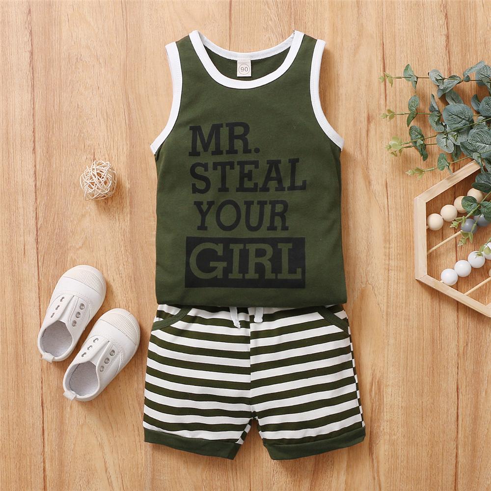 Boys Sleeveless Letter Mr.Steal Your Girl Top & Striped Shorts Boy Summer Outfits