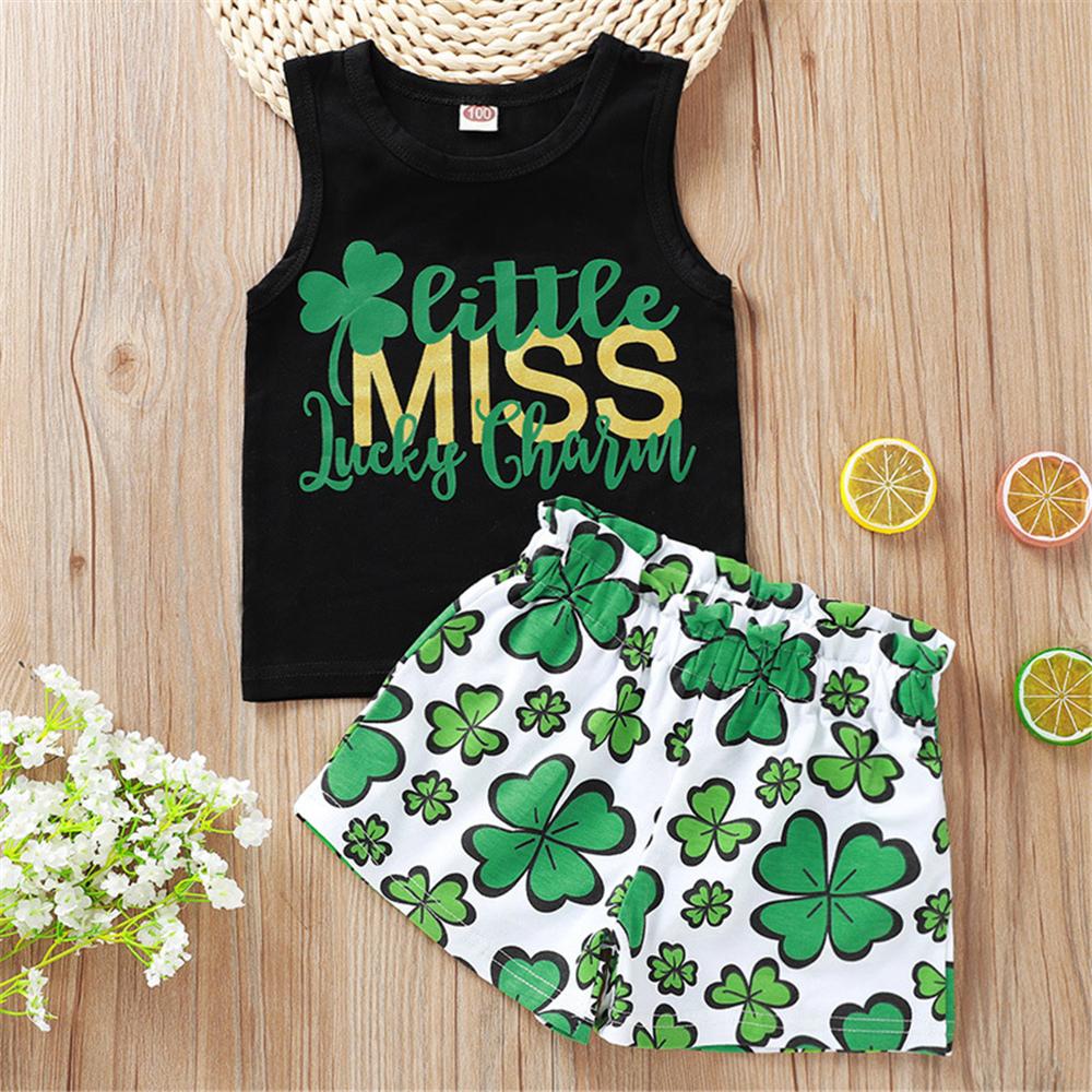 Girls Sleeveless Letter Printed Fashion Top & Leaves Printed Shorts Kids Clothing Suppliers