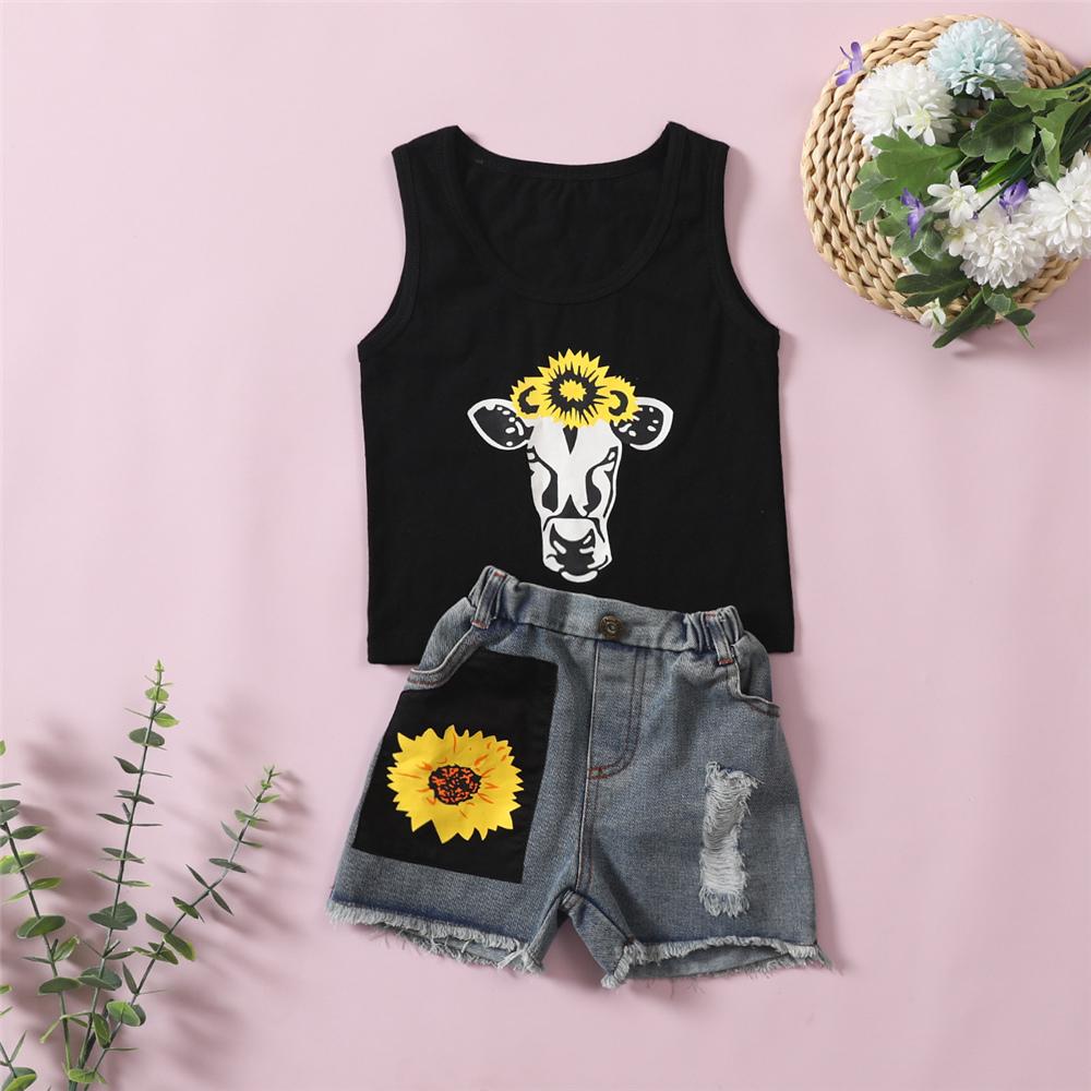 Girls Sleeveless Letter Printed Floral Top & Denim Shorts kids clothing wholesale