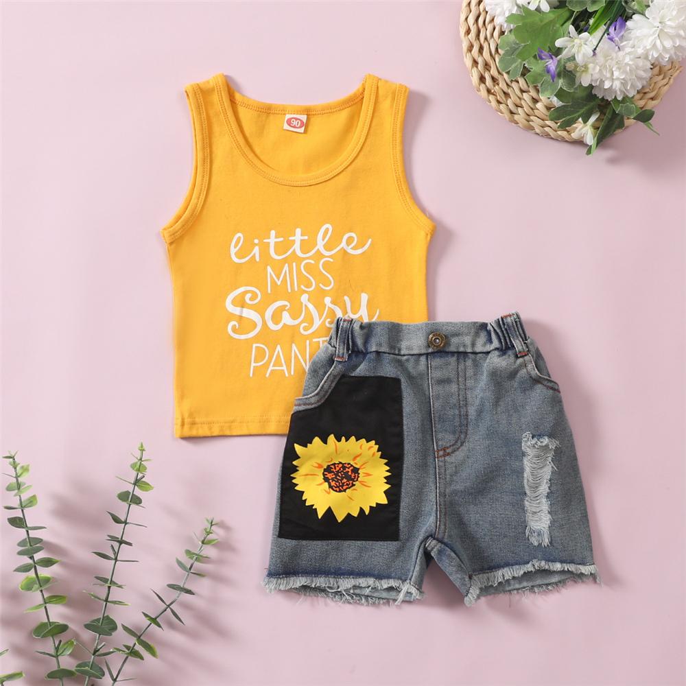 Girls Sleeveless Letter Printed Floral Top & Denim Shorts kids clothing wholesale