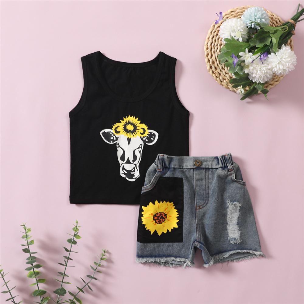 Girls Sleeveless Letter Printed Floral Top & Denim Shorts kids clothing wholesale