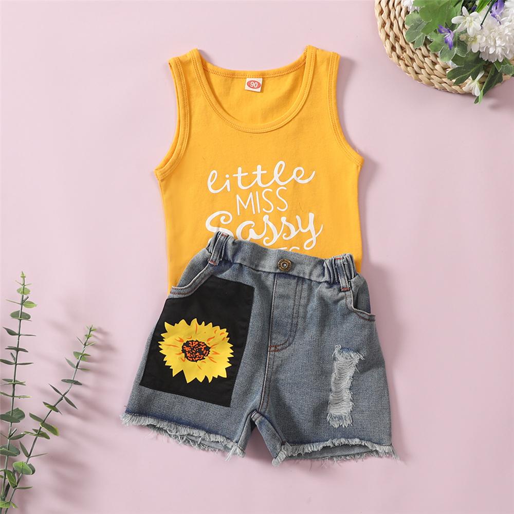 Girls Sleeveless Letter Printed Floral Top & Denim Shorts kids clothing wholesale