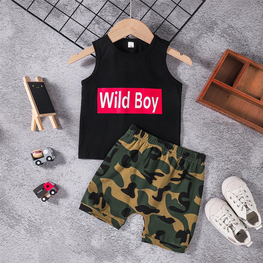 Boys Sleeveless Letter Printed Top & Camouflage Shorts Wholesale Childrens Boutique Clothing Suppliers