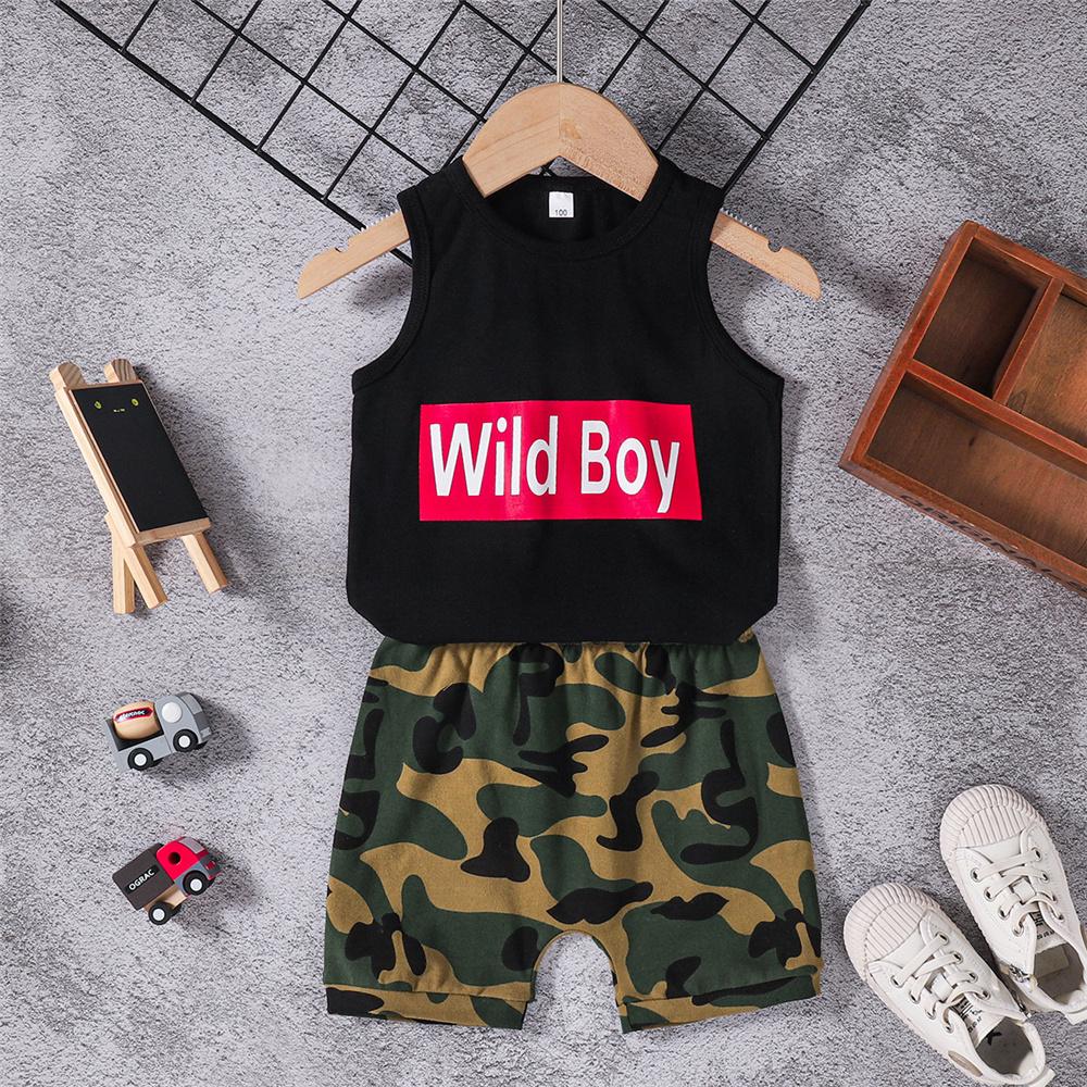Boys Sleeveless Letter Printed Top & Camouflage Shorts Wholesale Childrens Boutique Clothing Suppliers