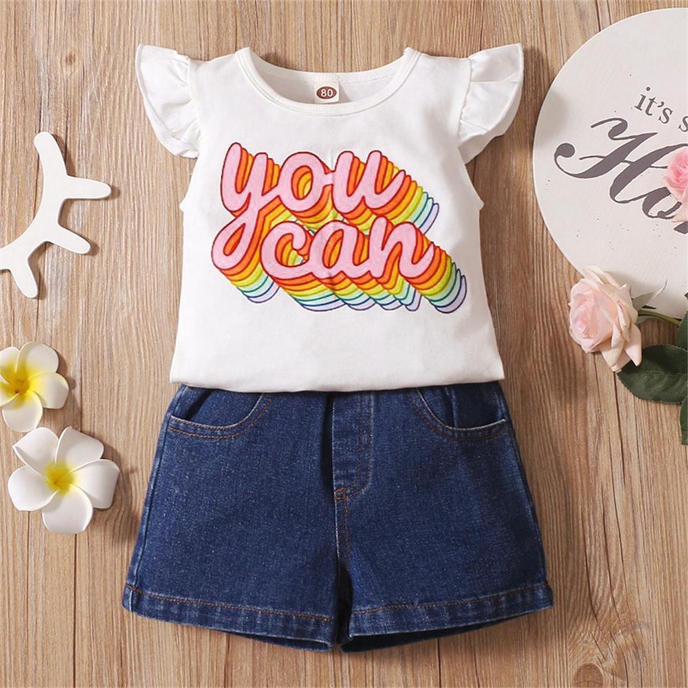 Girls Sleeveless Letter Printed Top & Denim Shorts trendy kids wholesale clothing