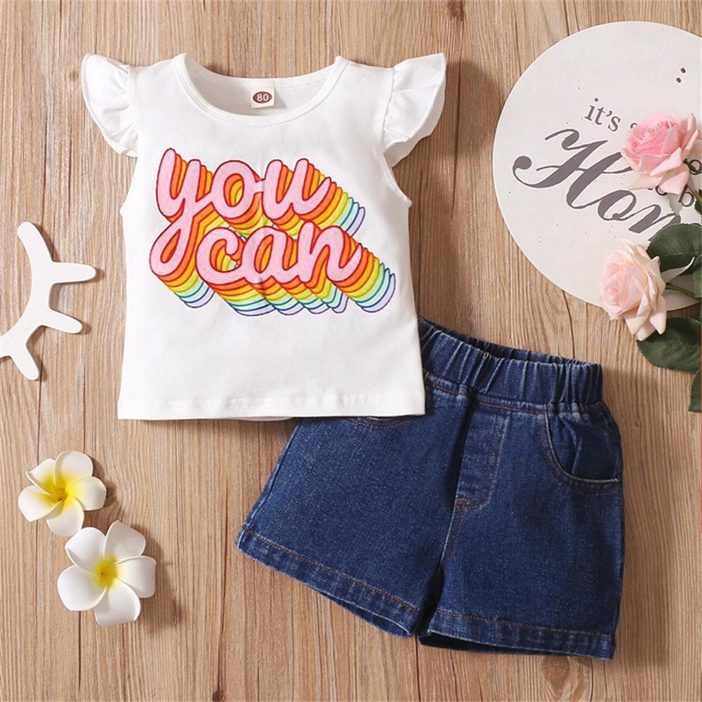 Girls Sleeveless Letter Printed Top & Denim Shorts trendy kids wholesale clothing