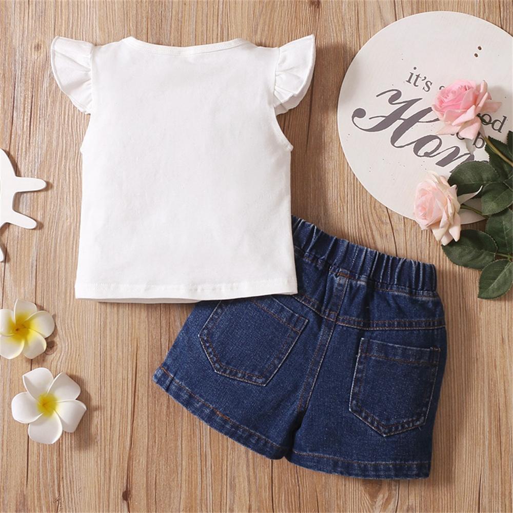 Girls Sleeveless Letter Printed Top & Denim Shorts trendy kids wholesale clothing