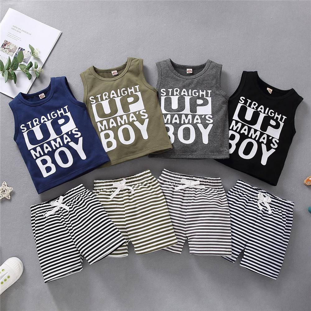 Boys Sleeveless Letter Printed Vest & Striped Shorts wholesale boys clothing