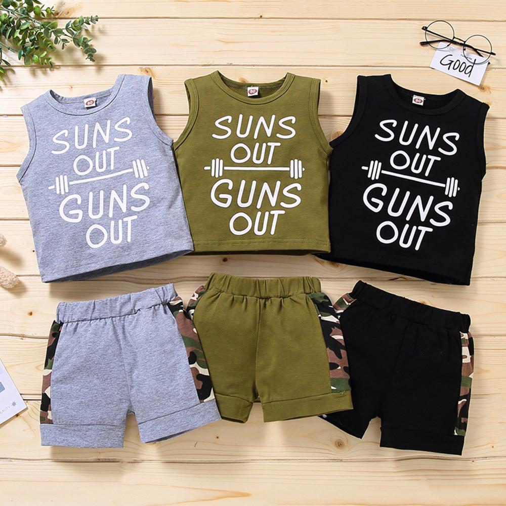 Boys Sleeveless Letter Suns Out Printed Vest & Camo Shorts wholesale boy boutique clothes