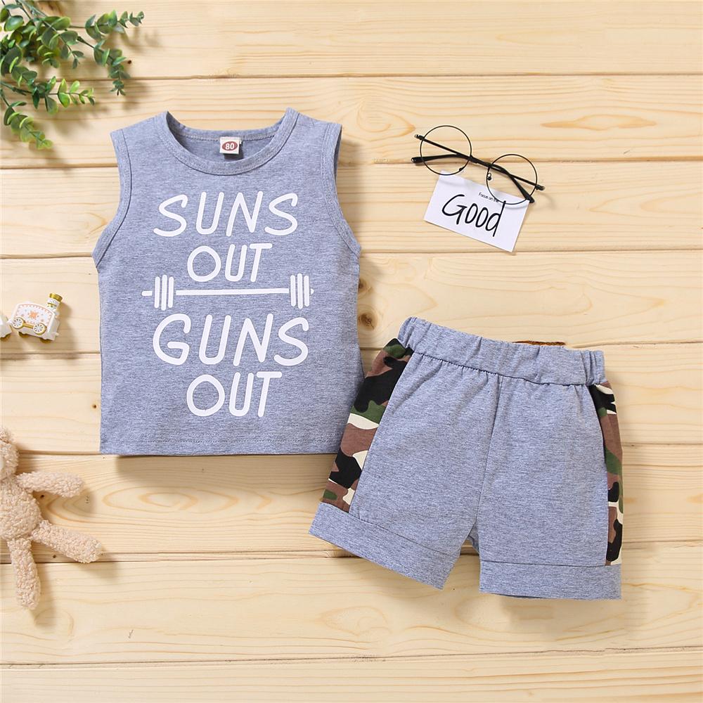 Boys Sleeveless Letter Suns Out Printed Vest & Camo Shorts wholesale boy boutique clothes