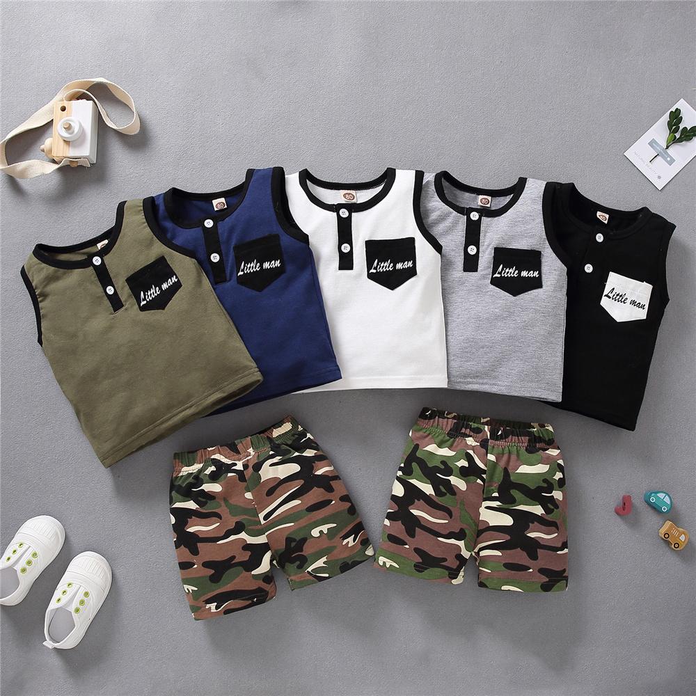 Boys Sleeveless Little Man Printed Pocket Vest & Camouflage Shorts quality children's clothing wholesale