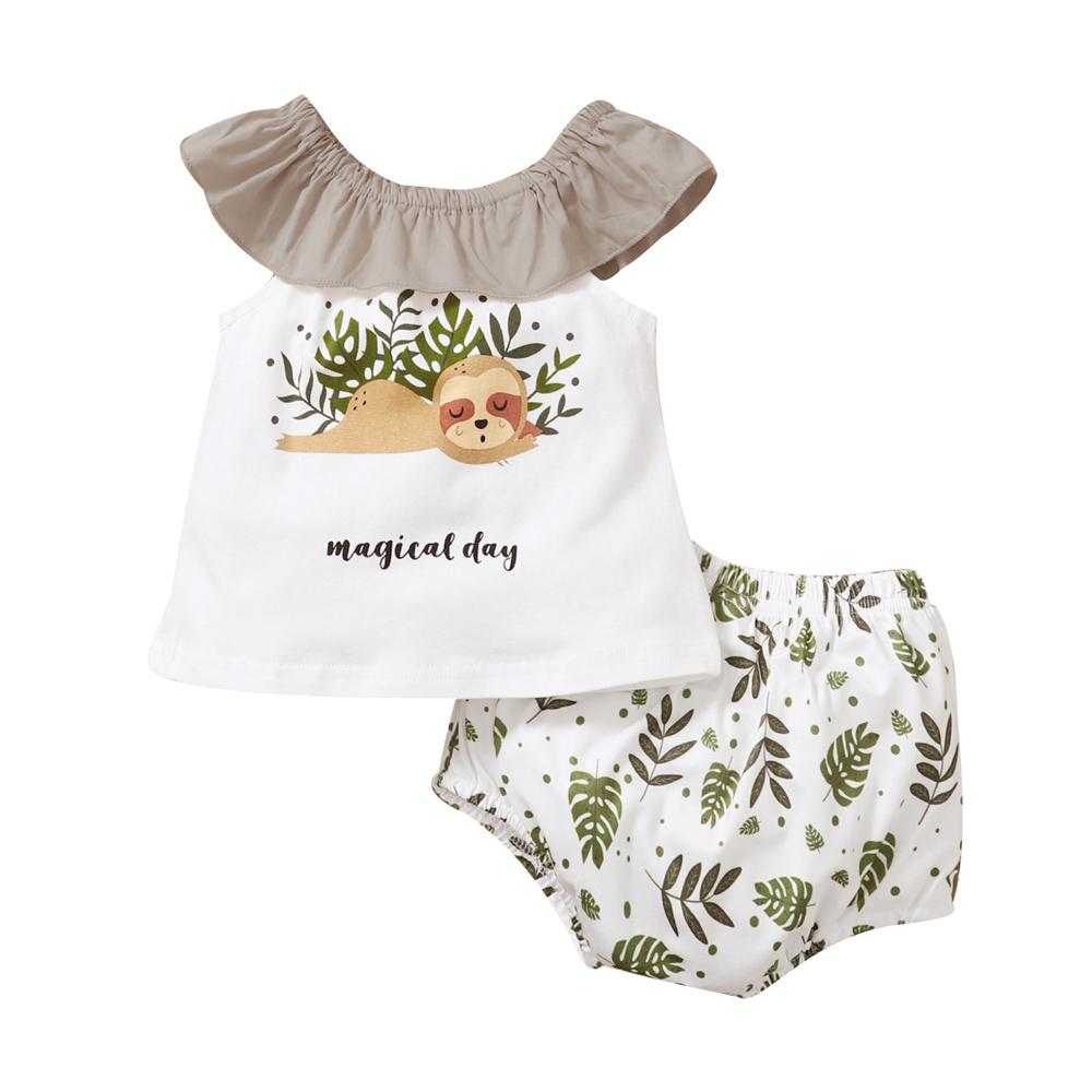 Baby Sleeveless Lotus Leaf Collar Letter Leaves Printed Top & Shorts baby clothes wholesale usa
