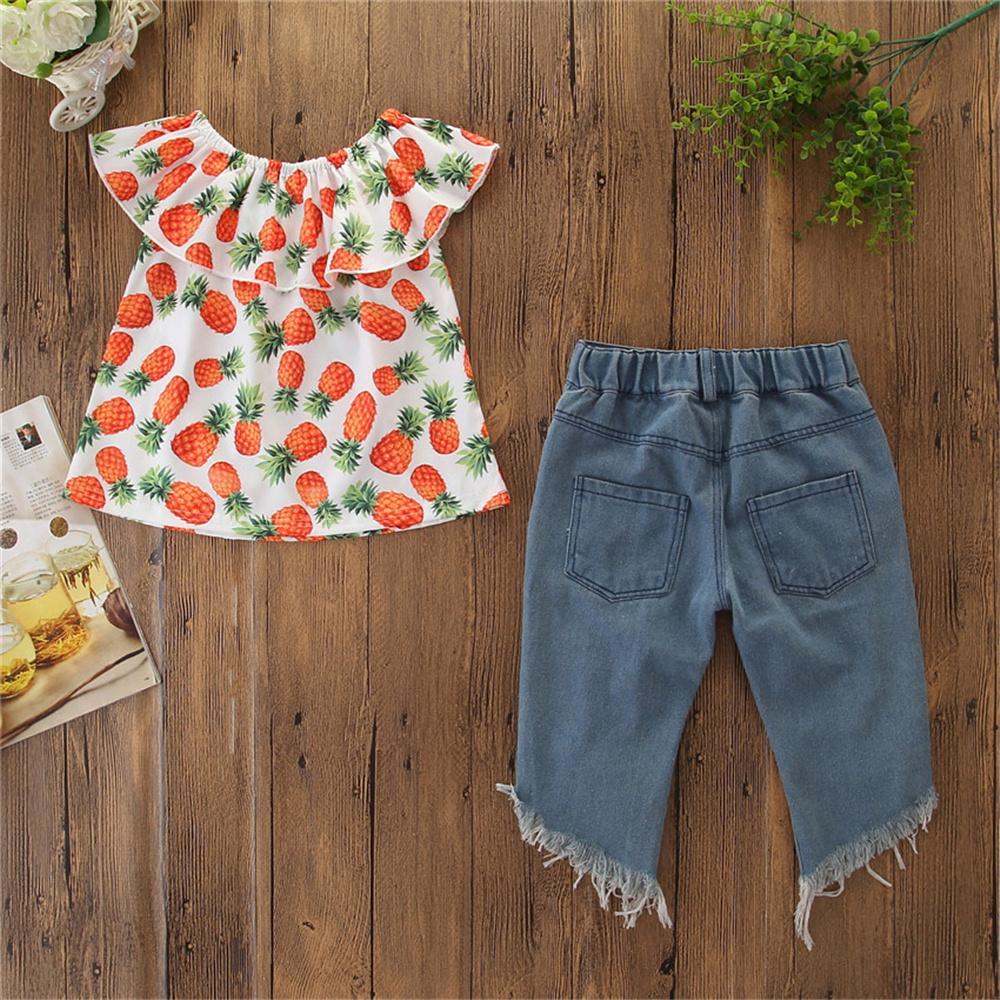 Girls Sleeveless Pineapple Printed Top & Ripped Jeans Wholesale Clothing For Girls