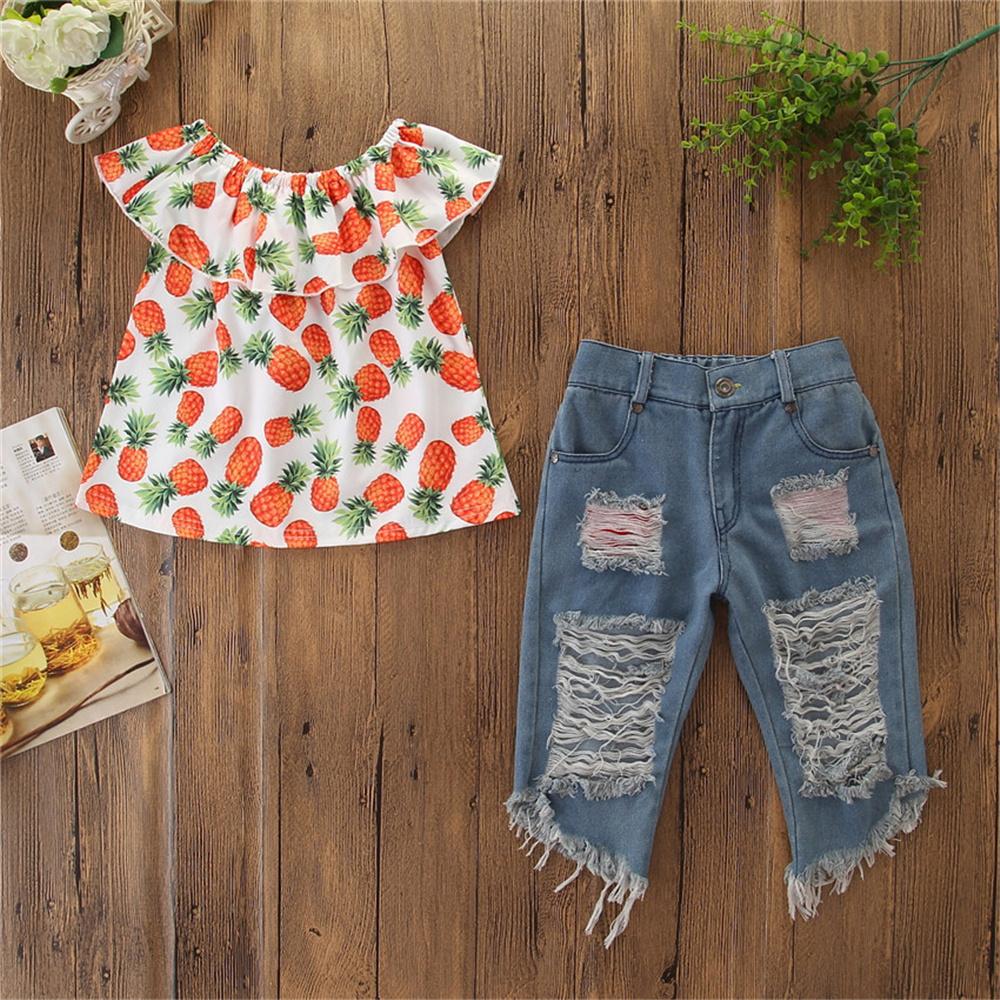 Girls Sleeveless Pineapple Printed Top & Ripped Jeans Wholesale Clothing For Girls