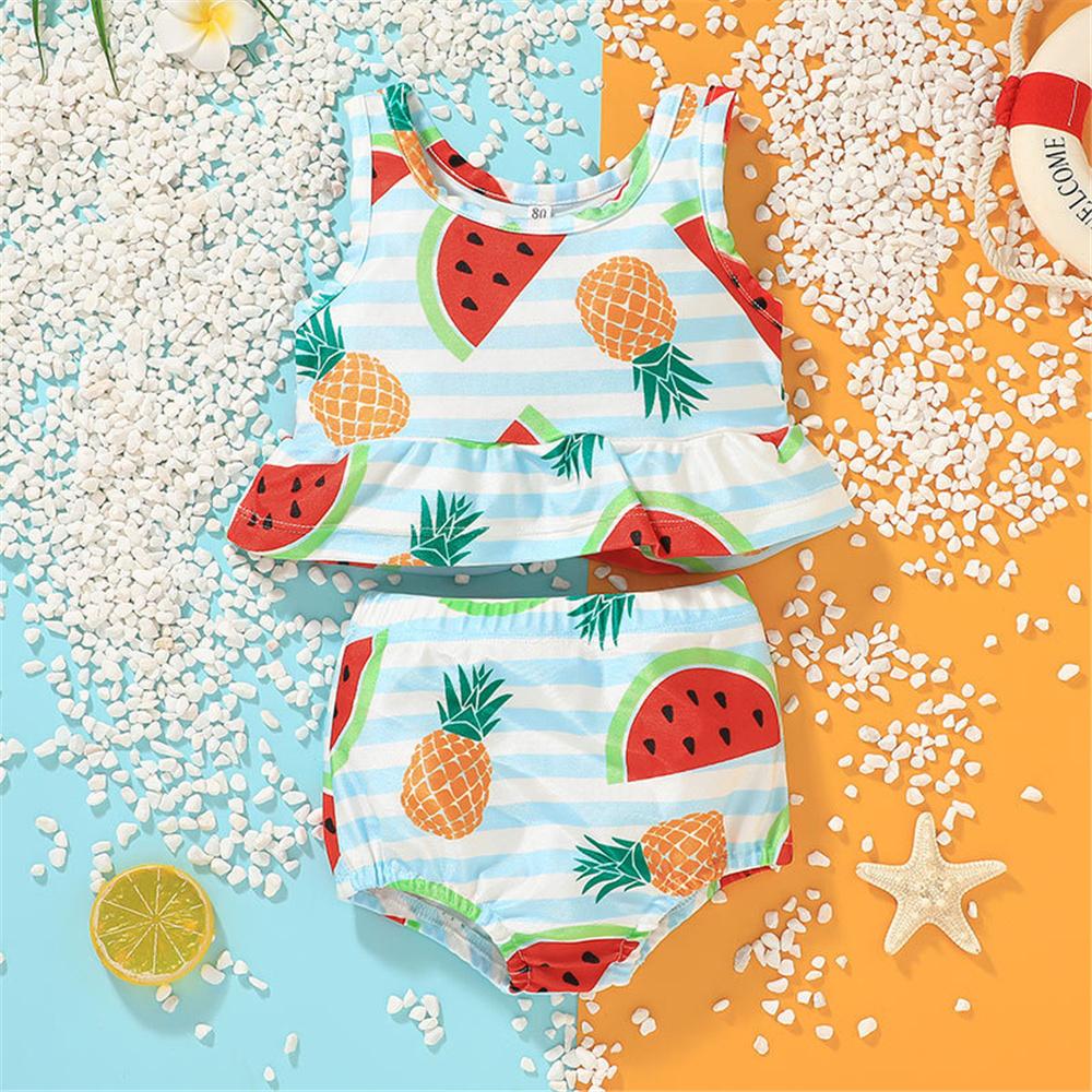 Girls Sleeveless Polka Dot Fruit Animal Striped Leaf Printed Top & Shorts Toddler 2 Piece Swimsuit