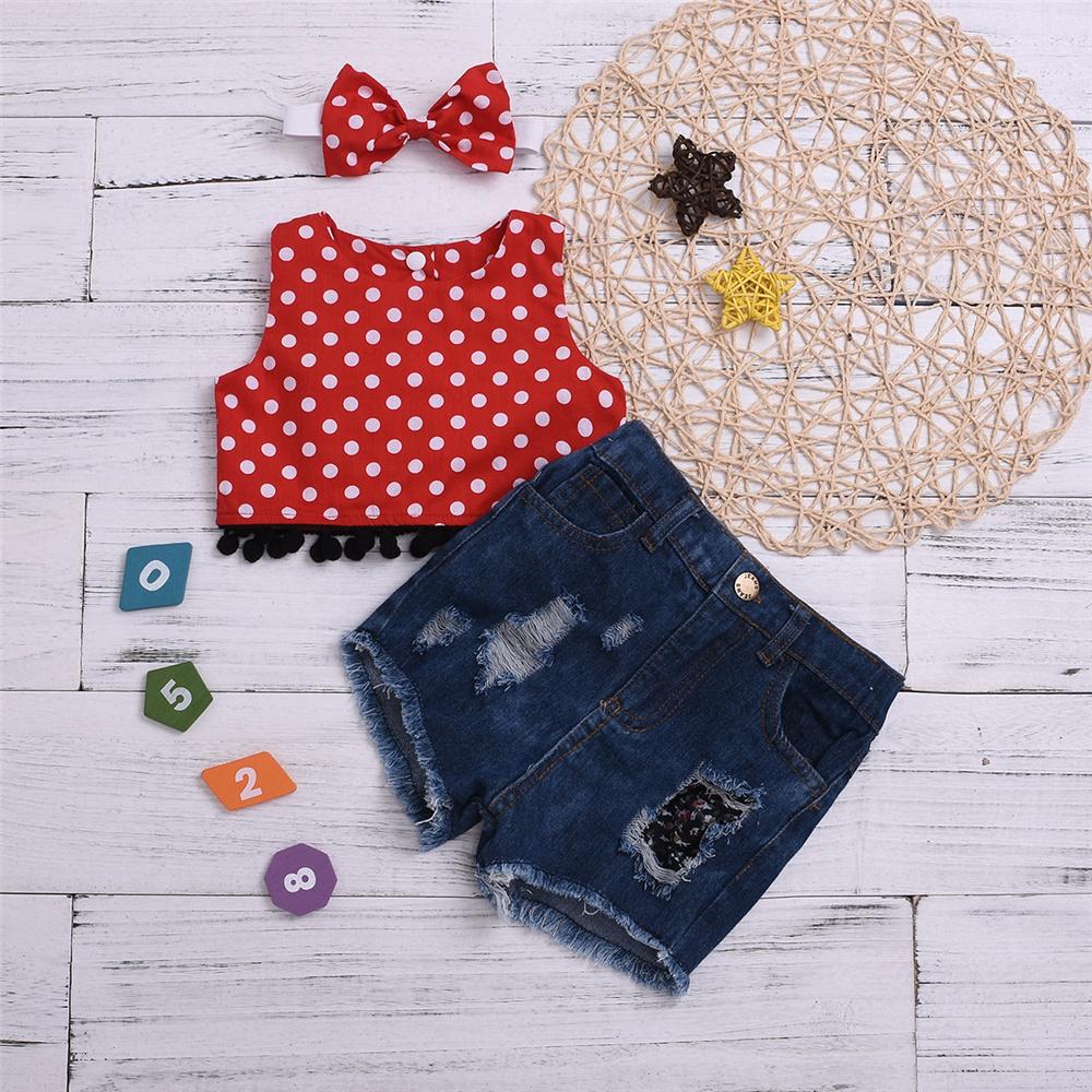 Girls Sleeveless Polka Dot Top & Denim Ripped Shorts & Headband Wholesale Little Girl Boutique Clothing