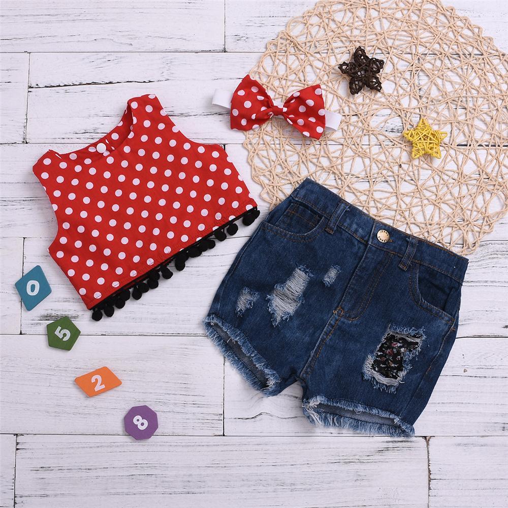 Girls Sleeveless Polka Dot Top & Denim Ripped Shorts & Headband Wholesale Little Girl Boutique Clothing