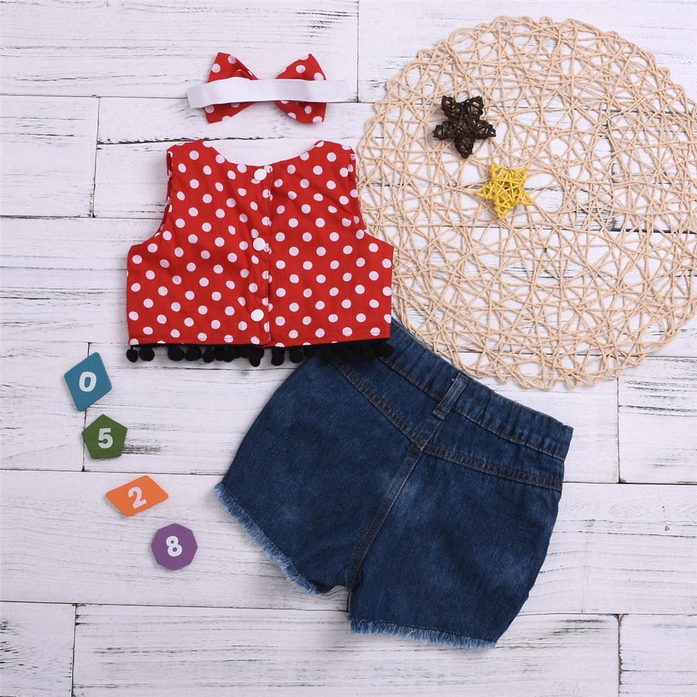 Girls Sleeveless Polka Dot Top & Denim Ripped Shorts & Headband Wholesale Little Girl Boutique Clothing