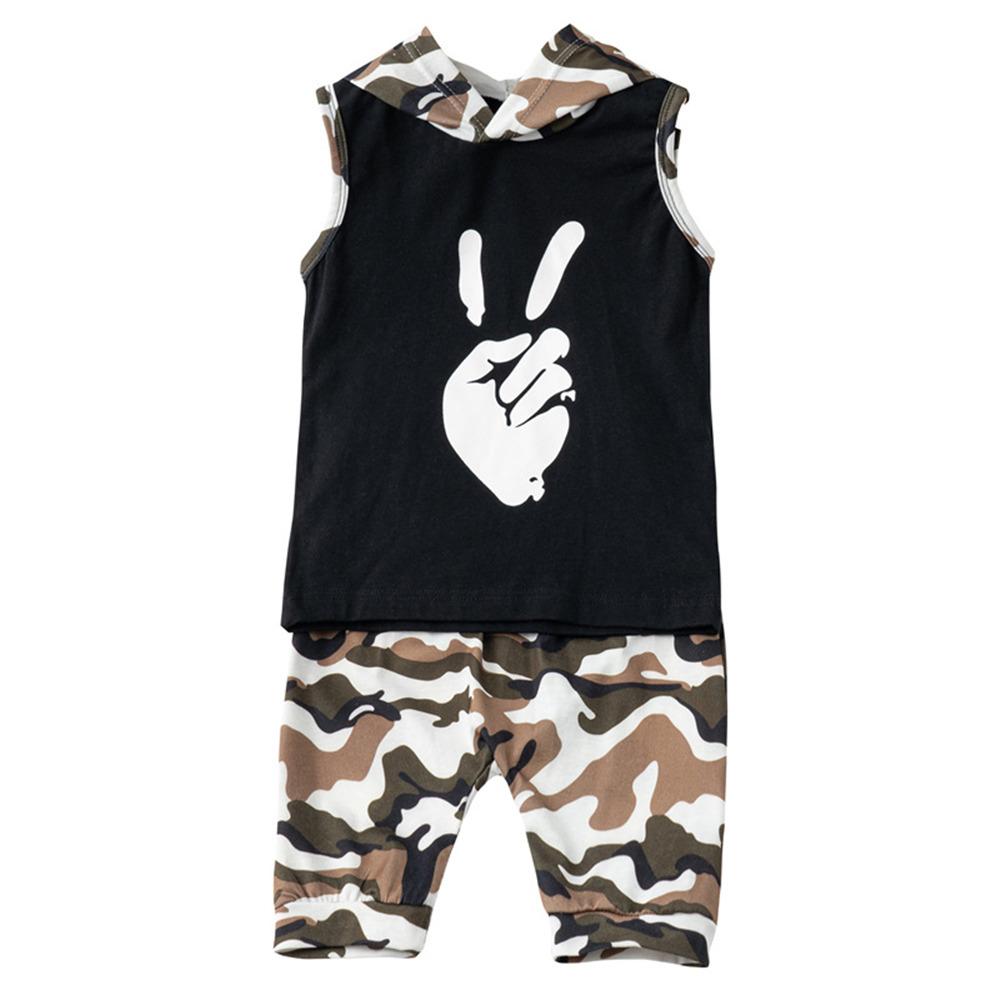 Boys Sleeveless Printed Hooded Top & Camouflage Shorts boy boutique clothing wholesale