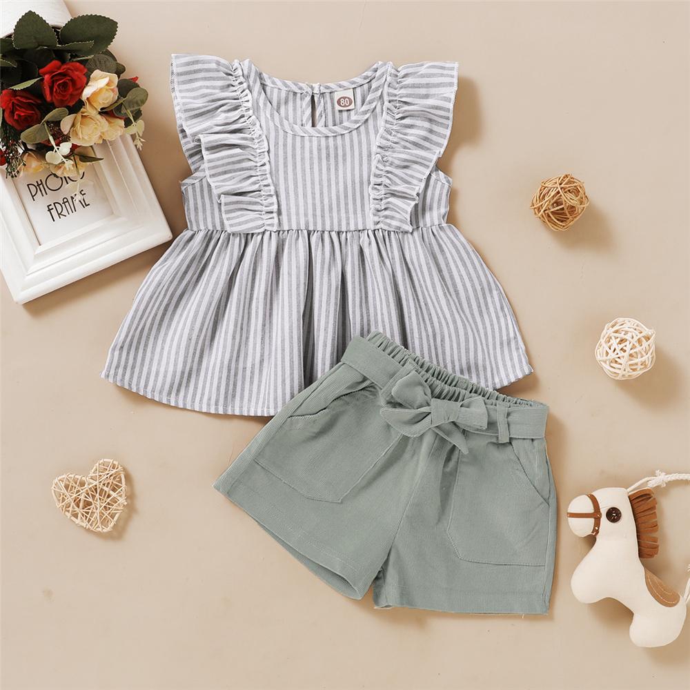 Baby Girls Sleeveless Ruffled Striped Top & Solid Shorts Wholesale Baby Clothes