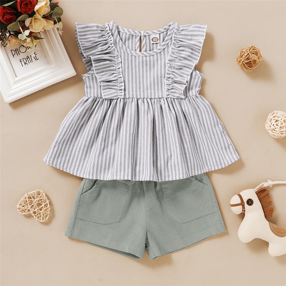 Baby Girls Sleeveless Ruffled Striped Top & Solid Shorts Wholesale Baby Clothes