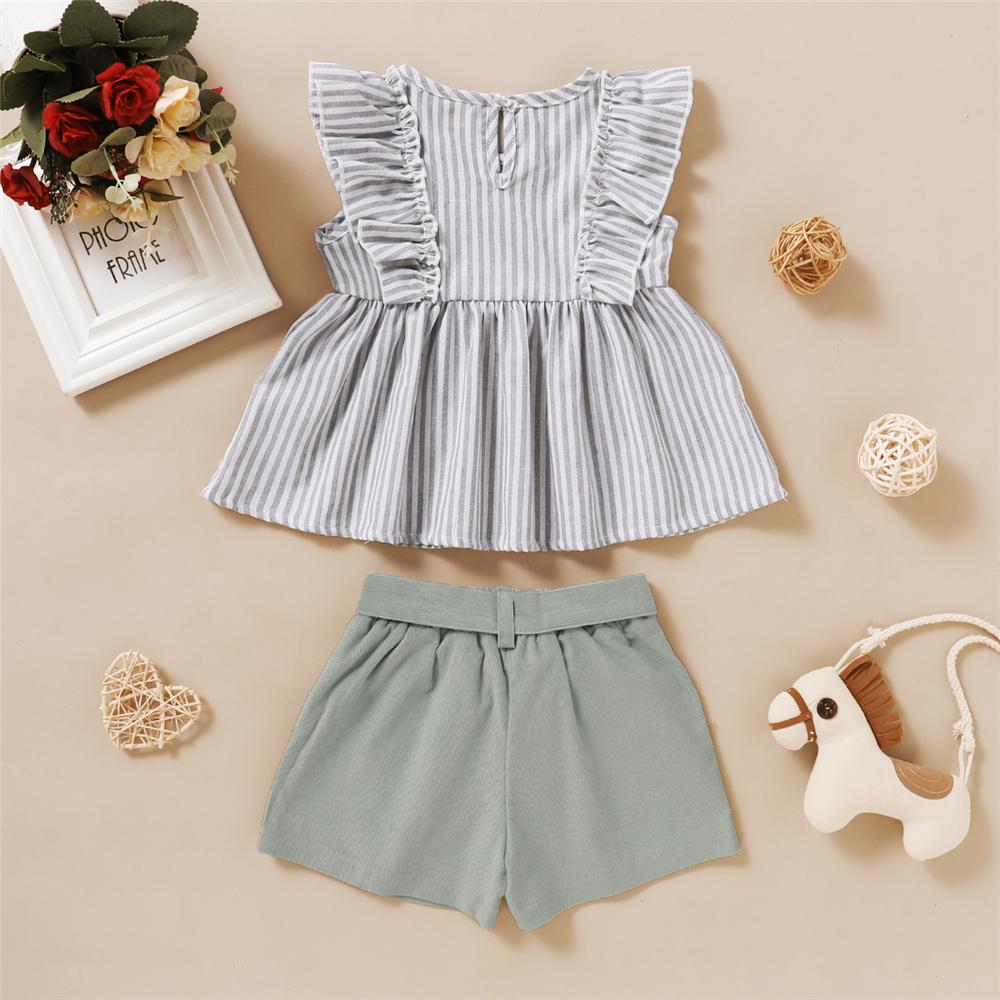 Baby Girls Sleeveless Ruffled Striped Top & Solid Shorts Wholesale Baby Clothes