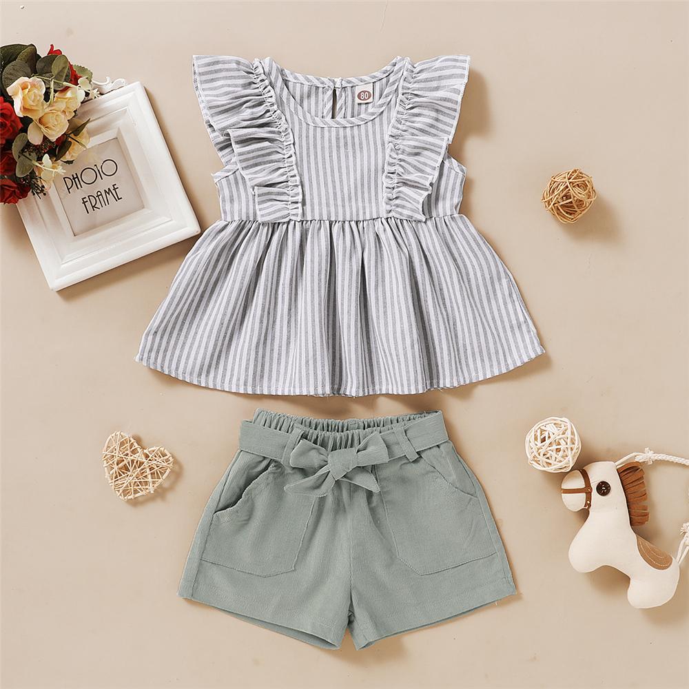 Baby Girls Sleeveless Ruffled Striped Top & Solid Shorts Wholesale Baby Clothes