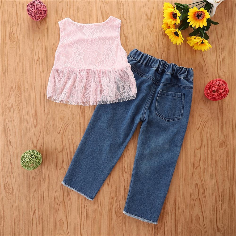 Girls Sleeveless Solid Pink Top & Ripped Jeans kids clothes wholesale