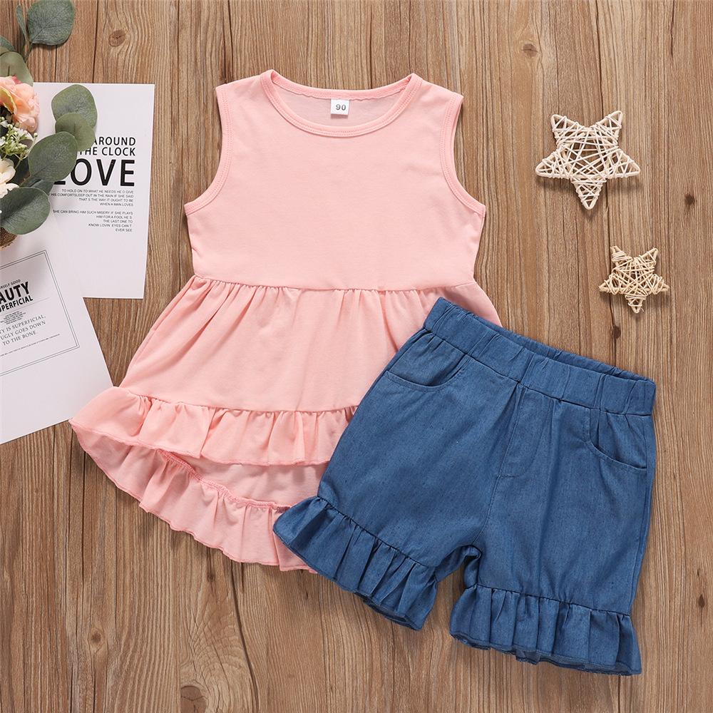 Girls Sleeveless Solid Ruffled Top & Shorts wholesale childrens clothing online