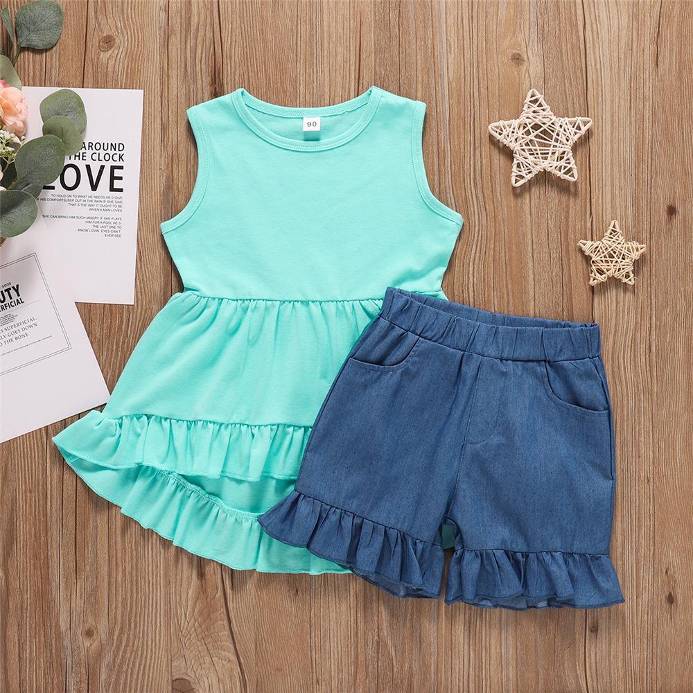 Girls Sleeveless Solid Ruffled Top & Shorts wholesale childrens clothing online