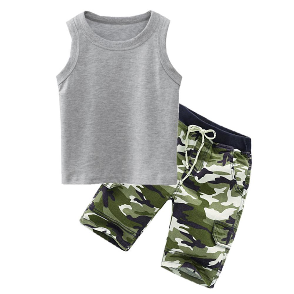 Boys Sleeveless Solid Top & Camouflage Shorts kids wholesale clothing