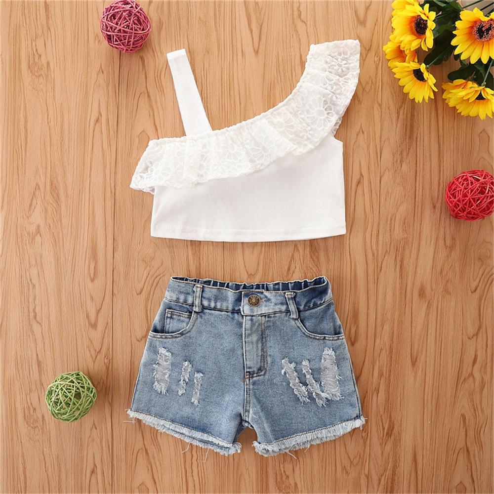 Girls Sleeveless Solid Top & Denim Shorts kids wholesale clothing