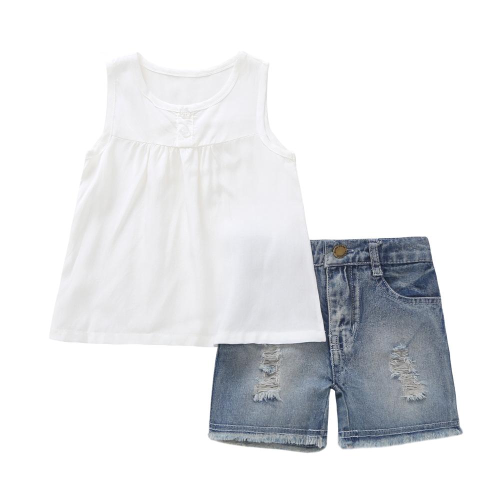 Girls Sleeveless Solid Top & Ripped Denim Shorts wholesale children's boutique clothing suppliers usa