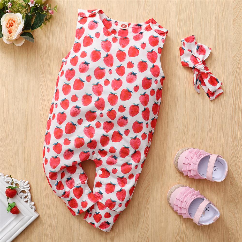 Baby Girls Sleeveless Strawberry Printed Romper & Headband Wholesale Designer Baby Clothes