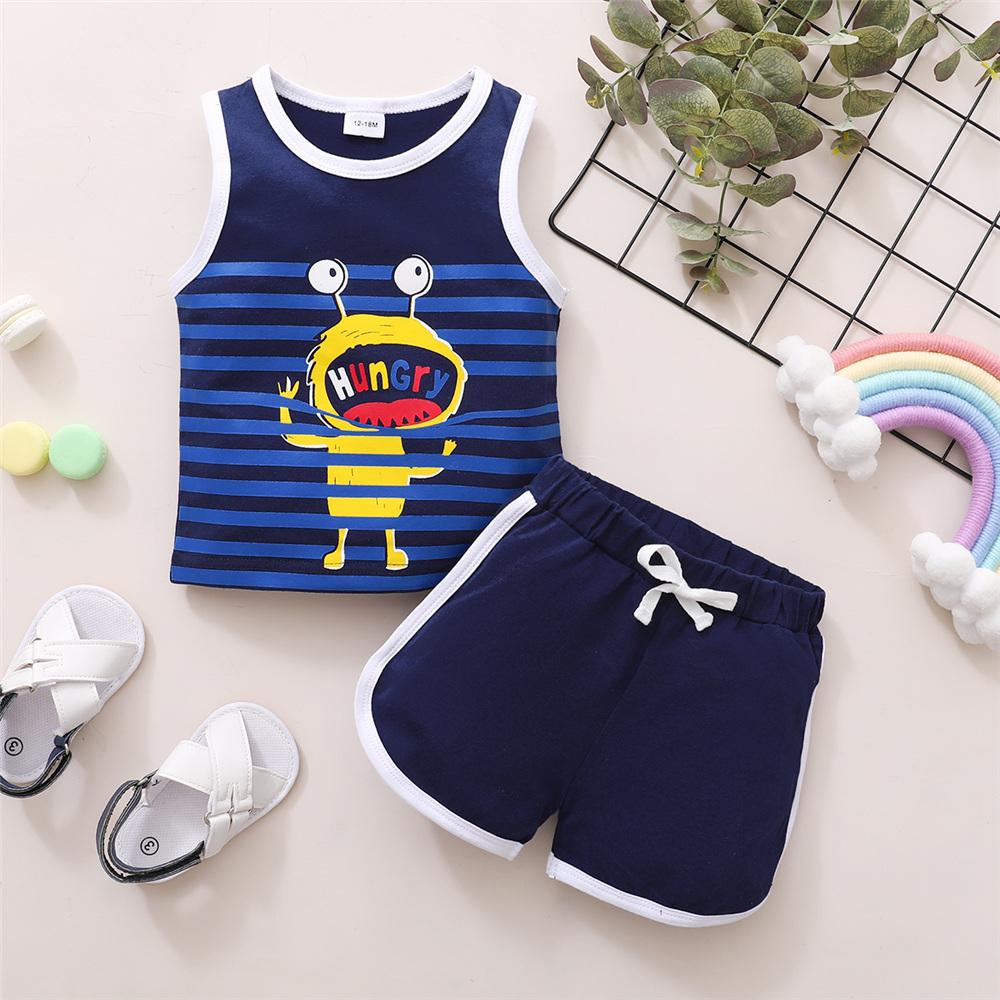 Boys Sleeveless Striped Cartoon Printed Top & Shorts trendy kids wholesale clothing