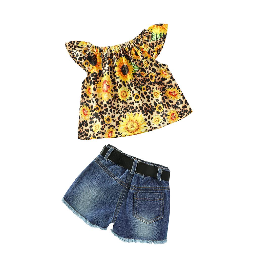 Girls Sleeveless Sunflower Leopard Printed Top & Denim Shorts baby clothes wholesale usa