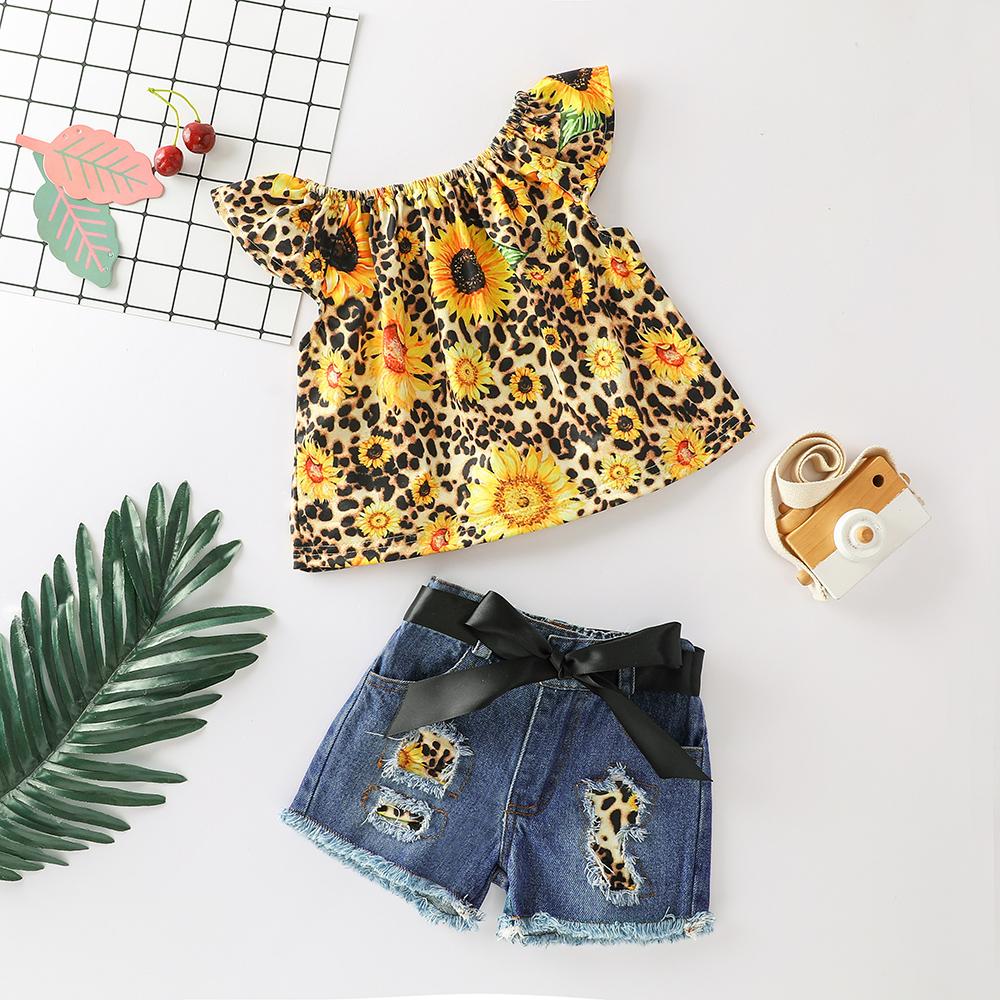 Girls Sleeveless Sunflower Leopard Printed Top & Denim Shorts baby clothes wholesale usa