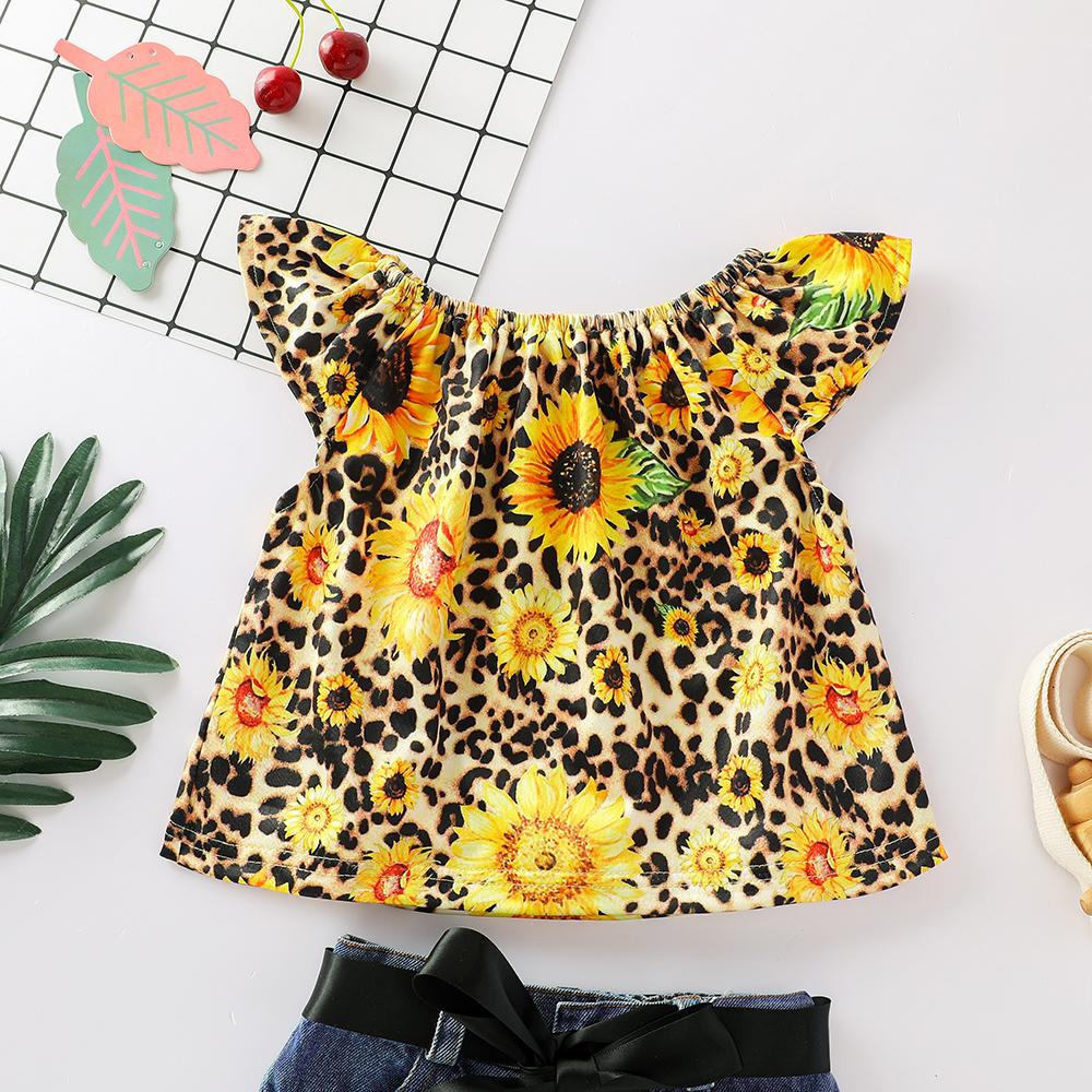 Girls Sleeveless Sunflower Leopard Printed Top & Denim Shorts baby clothes wholesale usa