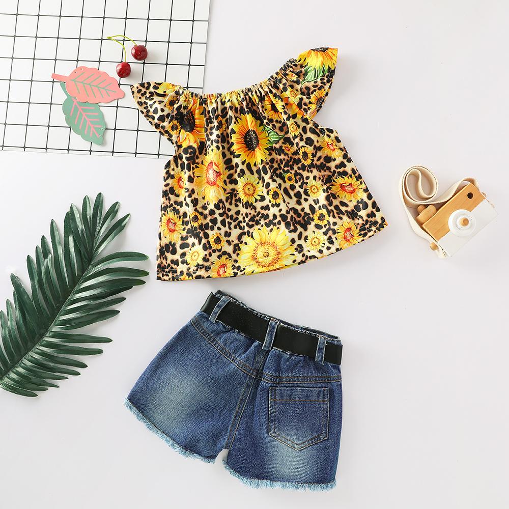 Girls Sleeveless Sunflower Leopard Printed Top & Denim Shorts baby clothes wholesale usa